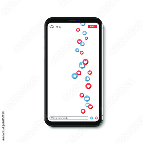Like and heart icons on smartphone screen for live stream video chat, vector design. Social nets blue thumb up like and red heart web buttons isolated on white background