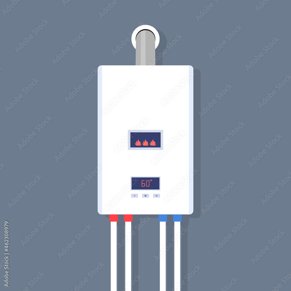 Gas boiler and water heater. Home furnace isolated on blue background. System of combi heating. White smart gas boiler with burner for heat water with hot and cold pipe and control. Vector Gas boiler and water heater. Home furnace isolated on blue background. System of combi heating. White smart gas boiler with burner for heat water with hot and cold pipe and control. Vector