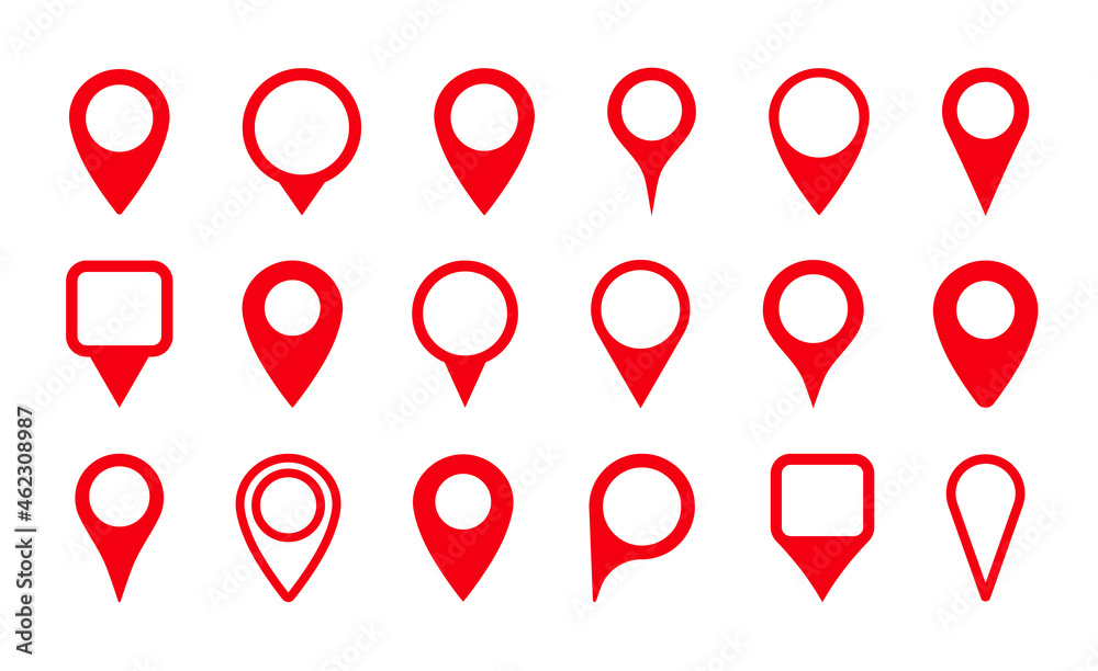 Pin icon for map location. Pointer, marker for gps, geo position and place. Tag or symbol of destination in travel and road. Set of red map point on white background. Sign of navigation. Vector