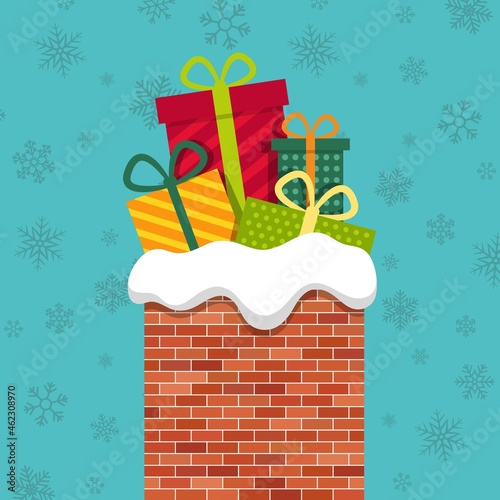 Christmas chimney with gift from santa claus. Xmas poster with roof of house, brick chimney and presents. Card with winter holiday background. Illustration for coming noel. Falling snowflakes. Vector