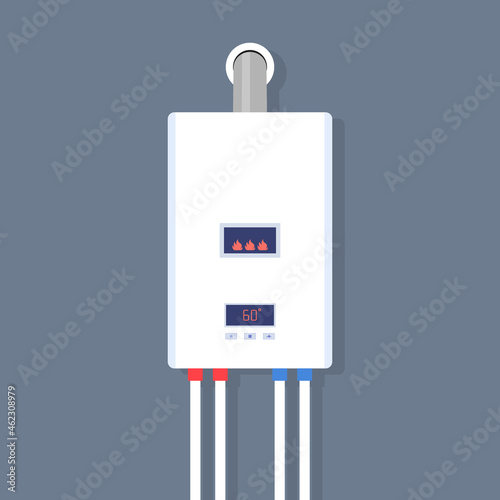Gas boiler and water heater. Home furnace isolated on blue background. System of combi heating. White smart gas boiler with burner for heat water with hot and cold pipe and control. Vector