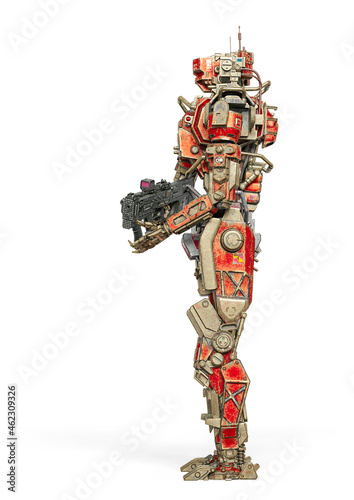 super droid in sentinel pose and holding a cyberpunk sniper rifle side view