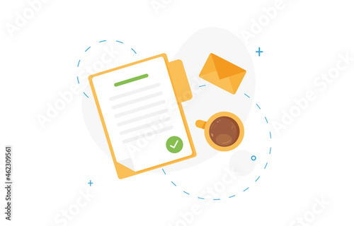 Signed document or to-do list, letter in envelope and cup of coffee. Business object icon concept. Flat design isolated on white background