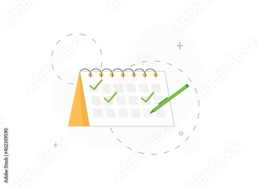 Calendar with selected date. Time management concept. Check mark or tick. Flat design