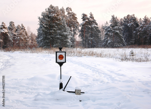 Closeup of old-style railway traffic lights. photo