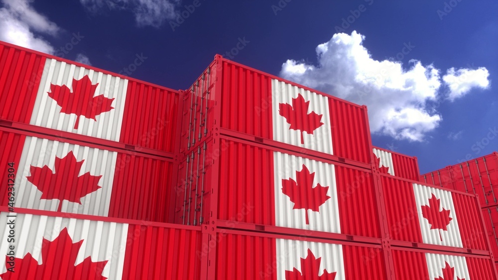 Canada flag containers are located at the container terminal. Canada export or import concept, 3d rendering Canada flag containers are located at the container terminal. Canada export or import concept, 3d rendering