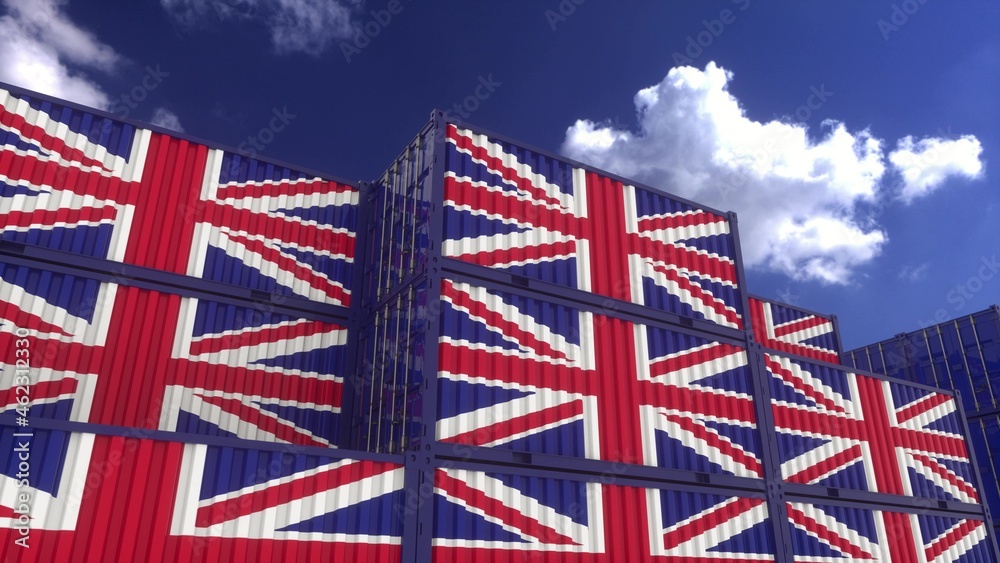 United Kingdom flag containers are located at the container terminal. United Kingdom export or import concept, 3d rendering