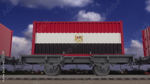 Train and containers with the flag of Egypt. Railway transportation. 3d rendering