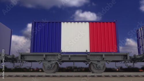 Train and containers with the flag of France. Railway transportation. 3d rendering