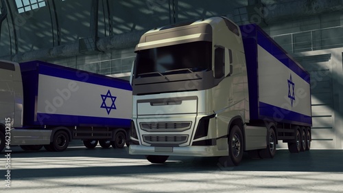 Cargo trucks with Israel flag. Trucks from Israel loading or unloading at warehouse dock. 3d rendering