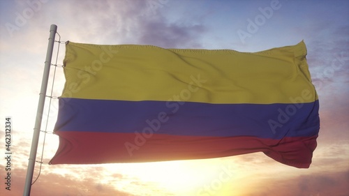 Flag of Colombia waving in the wind, sky and sun background. 3d rendering