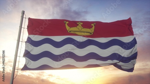 Greater London flag, England, waving in the wind, sky and sun background. 3d rendering photo