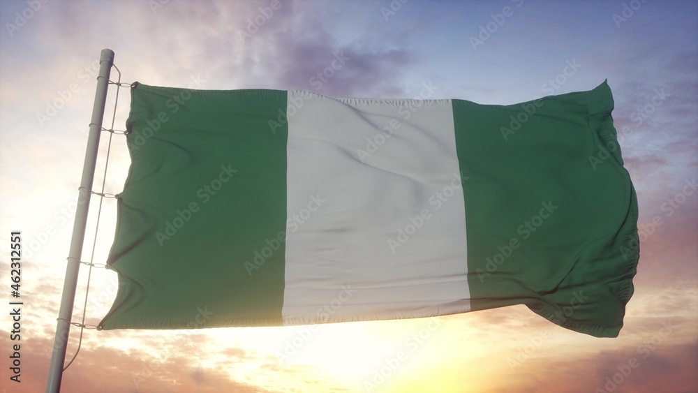 Flag of Nigeria waving in the wind, sky and sun background. 3d rendering