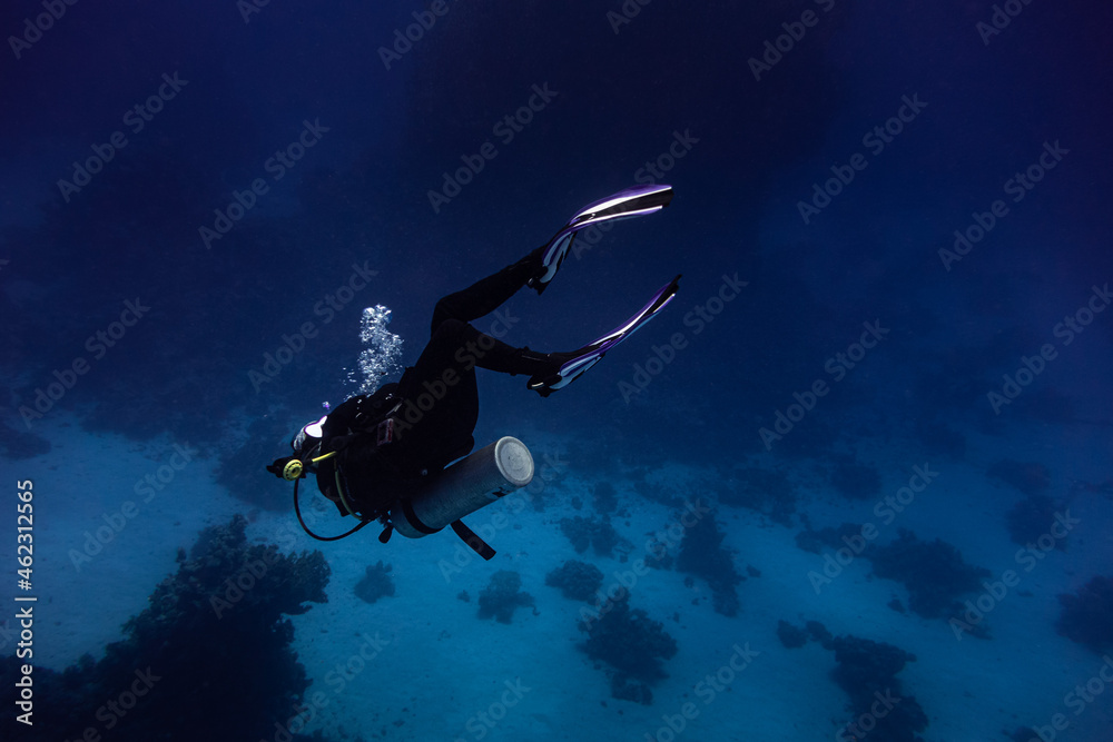 Fototapeta premium Woman scuba diver swimming in deep blue upside down