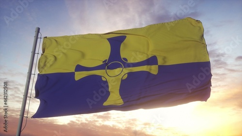 County Durham flag, England, waving in the wind, sky and sun background. 3d rendering photo