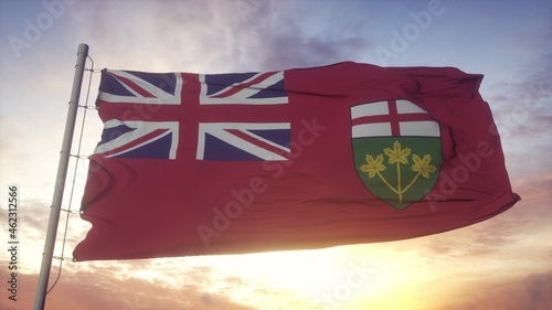 Ontario flag, Canada, waving in the wind, sky and sun background. 3d rendering