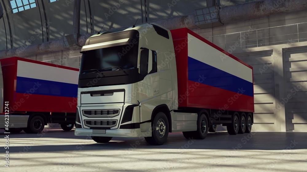 Cargo trucks with Russian Federation flag. Trucks from Russia loading or unloading at warehouse dock. 3d rendering