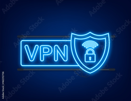 Secure VPN connection concept. Virtual private network connectivity overview. Neon style. Vector stock illustration