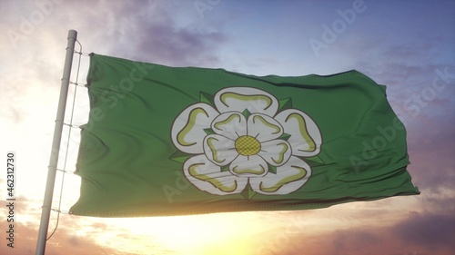 North Yorkshire flag, England, waving in the wind, sky and sun background. 3d rendering photo