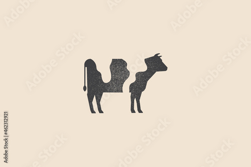 Dark silhouette of a cow on a light background. Logo template for dairy, meat products and farms. Can be used for butcher shop, market, menu design, packaging and labels. Vector illustration.