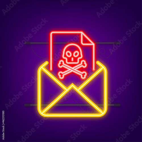 Email virus. Neon icon. Computer screen. virus, piracy, hacking and security, protection. Vector stock illustration