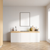 Bright kitchen room interior with empty white poster