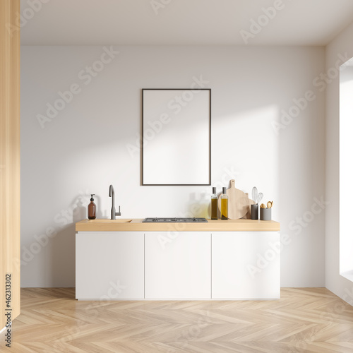 Bright kitchen room interior with empty white poster