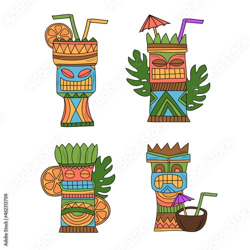 Vector tiki cocktails in hand drawn style - illustration set isolated on white background. Tiki idol glasses