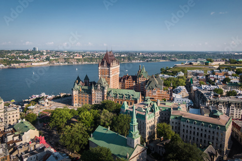 Aerial view of Quebec City including historical landmark Frontenac castle during summer in Quebec, Canada, North America. 