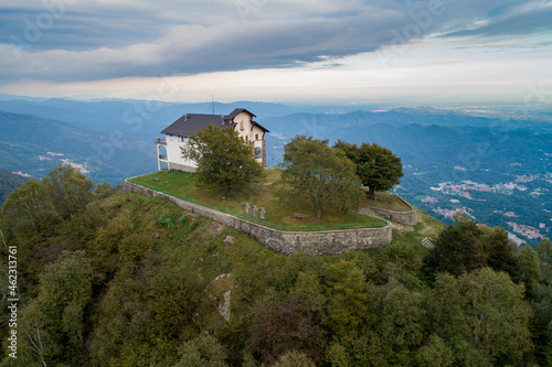 Little church on mountain top. Sanctuary of San Bernardo, erected in the 14th century on Monte Rubello, in Trivero, Biella pre-Alps, Piedmont, Italy.