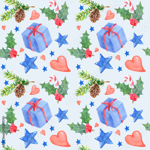 Christmas watercolor pattern. Christmas colorful illustration of gifts, holly branches and pine needles. Ideal for holiday packaging and textiles