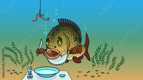 A humorous drawing on the theme of fishing. The fish is waiting for a worm impaled on a hook.