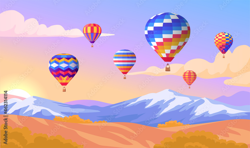 Fototapeta premium Colorful air balloons festival and sunset vector illustration 