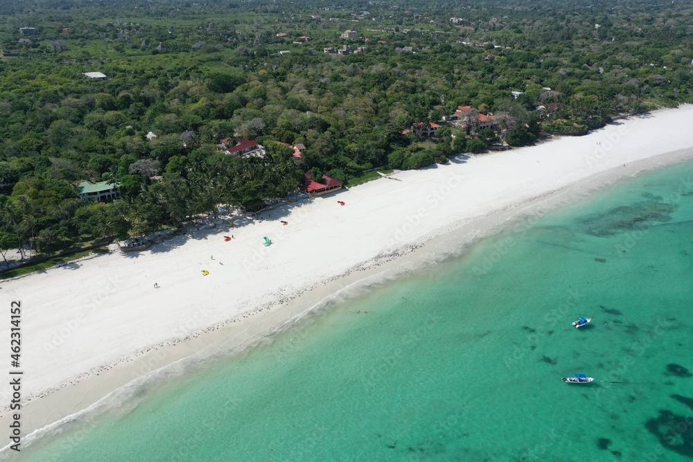 Aerial view: Beautiful white sand Diani beach in Kenya