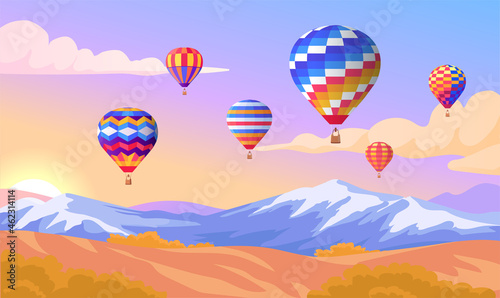 Colorful air balloons festival and sunset vector illustration 