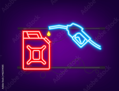 Red canister. Fueling gasoline or diesel vector web banner. Filling stations network, petroleum. Neon icon. Vector stock illustration