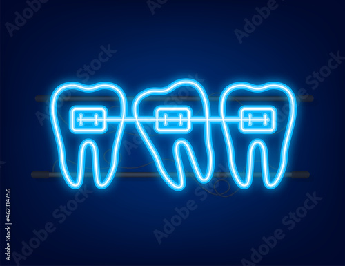 Correction of teeth with orthodontic braces. Stages of teeth alignment. Dental clinic services. Neon style. Vector illustration