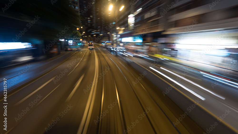 View to night Hong Kong from moving double-decker tram View to night Hong Kong from moving double-decker tram