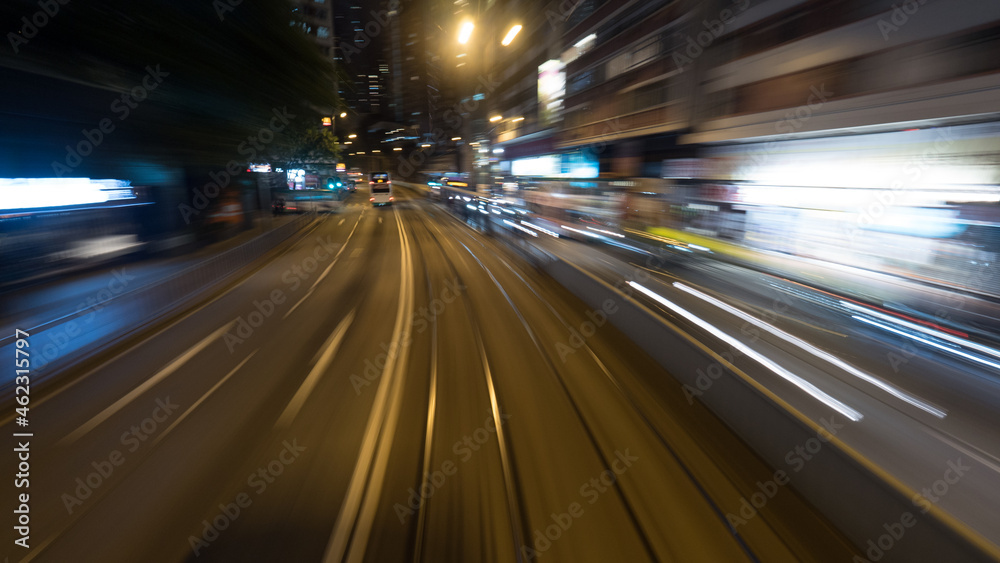 View to night Hong Kong from moving double-decker tram