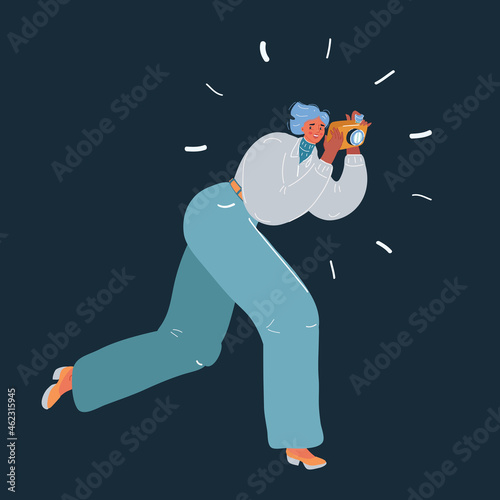 Vector illustration of woman photographer run and taking photos. Character on dark backroud.