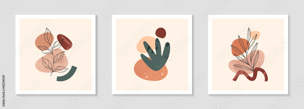 Set of modern abstract vector illustrations with organic various shapes and foliage line art.Boho watercolor wall art decor.Trendy artistic designs perfect for banners;social media,invitations,covers. Set of modern abstract vector illustrations with organic various shapes and foliage line art.Boho watercolor wall art decor.Trendy artistic designs perfect for banners;social media,invitations,covers.