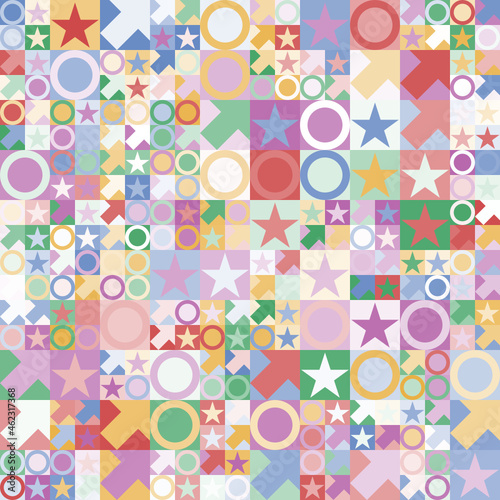 Patrón geométrico de flechas, círculos y estrellas en colores pastel