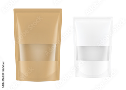 Pouch bag with transparent window mockups on white background. Vector illustration. Front view. Can be use for template your design, presentation, promo, ad. EPS10.	
