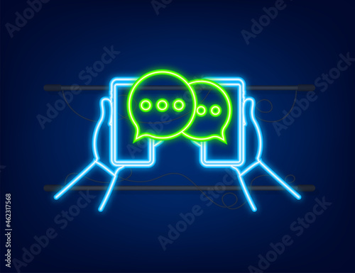 Chat Message Bubbles on smartphone screen. Neon icon. Social network. Messaging. Vector stock illustration