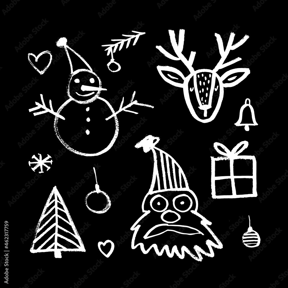 Vector set of images of Santa Claus, deer, snowman, fir branches, gift, Christmas tree decorations. Hand drawing, ink style. Sketch, doodle. Christmas, New Year. Winter. White on black background