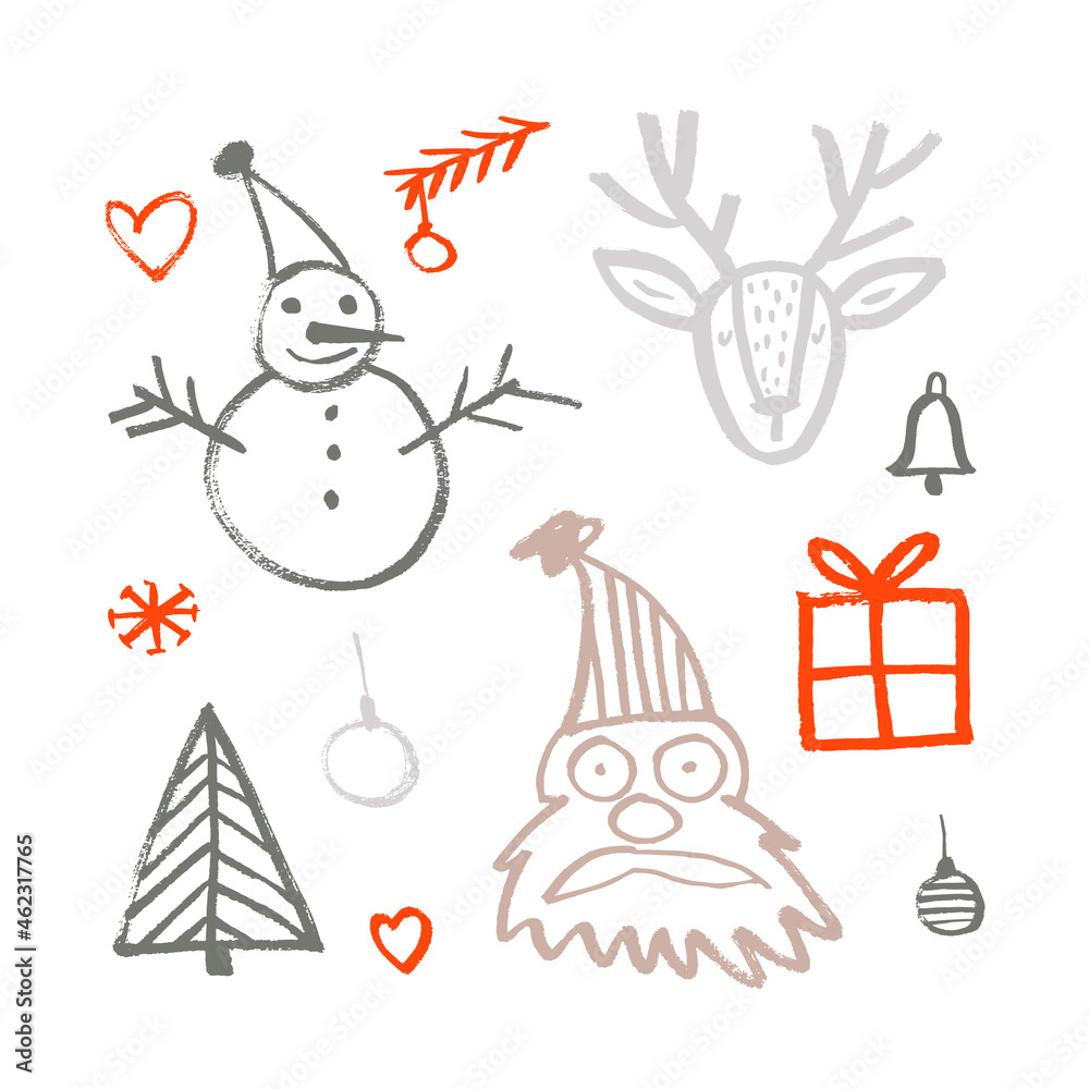 Vector set of images of Santa Claus, deer, snowman, fir branches, gift, Christmas tree decorations. Hand drawing, ink style. Sketch, doodle. Christmas, New Year. Winter. Gray, beige, red