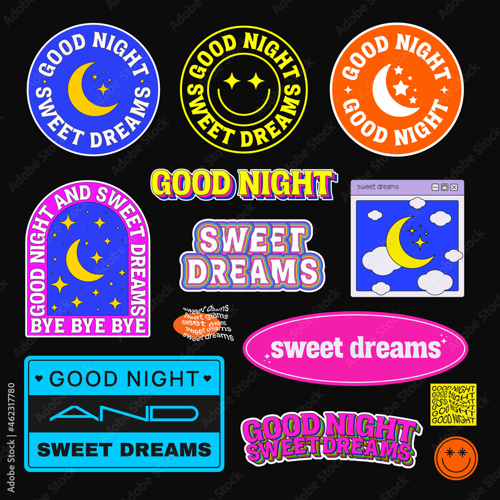 Collection Good Night and Sweet Dreams badges, patches, stickers. Cool Trendy Vector Pins.