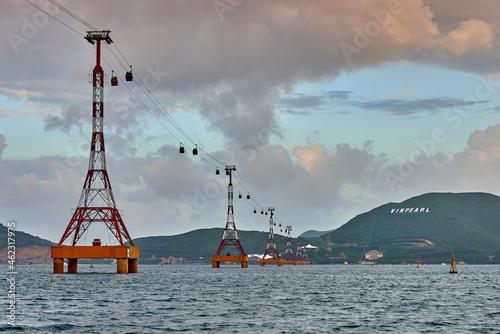 Nha Trang, Vietnam- 07 December 2014: Cable car to Vinpearl amusement and park Resort Island with a Water Park