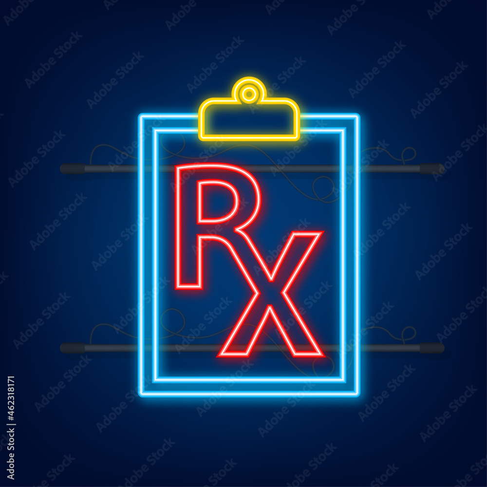 neon icon Blank Rx prescription form. Vector stock illustration