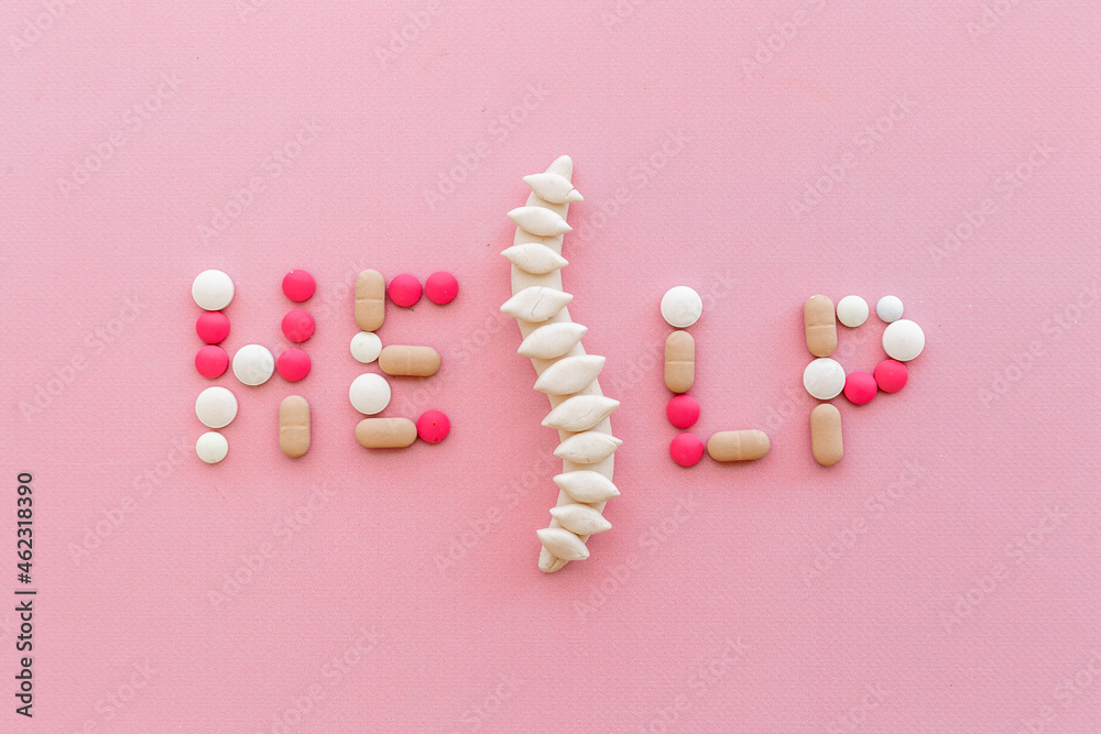 Strong healthy spine with medicine pills. Top view